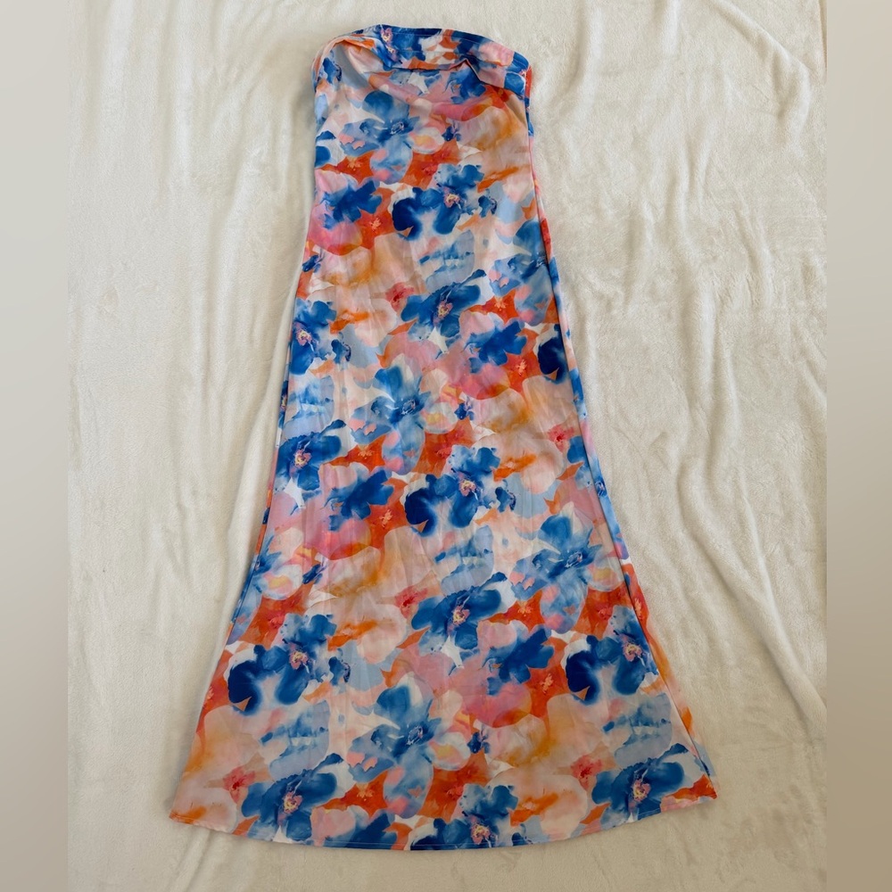 Oyoangle Size XS Strapless Floral Maxi Dress in Blue & Pink. New with tags.